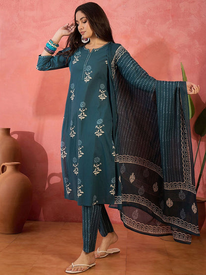 Dhiyona SN Women's Floral Printed Straight Kurta & Trousers With Dupatta