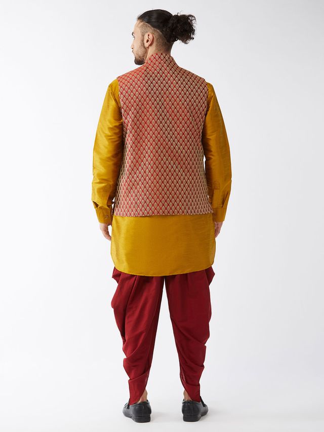 Men's Mustard Silk Blend Straight Jacket  Kurta and Dhoti Set