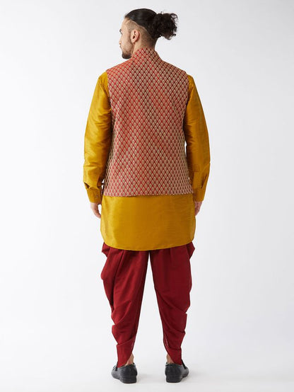 Men's Mustard Silk Blend Straight Jacket  Kurta and Dhoti Set