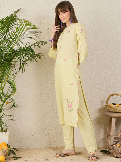 Dhiyona IE Floral Embroidered Pure Cotton Mandarin Collar Tunic With Trousers