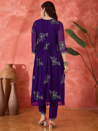 Dhiyona SN Women's Embroidered V-Neck Anarkali Georgette Kurta & Trousers