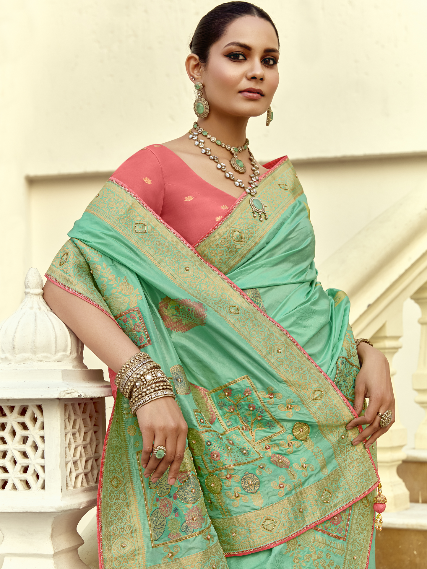 Dhiyona KM Women Mint Green Banarasi Silk Saree With Red Blouse