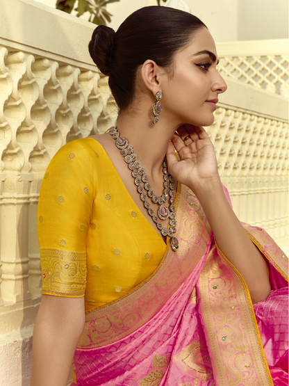 Dhiyona KM Women Pink Silk Saree With Contrast Yellow Blouse