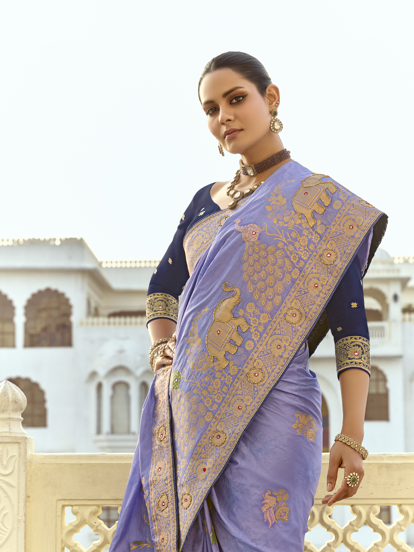 Dhiyona KM Women Lavender Banarasi Silk Saree With Blue Contrast Blouse