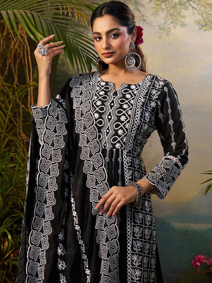 Women Floral Embroidered Cotton Kurta with Trousers & Dupatta