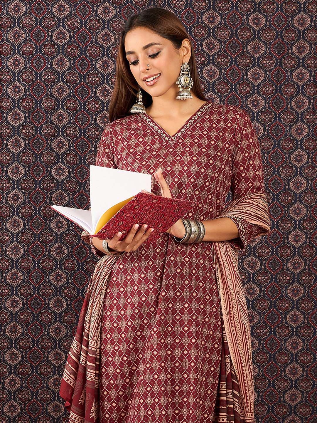 Dhiyona IE Ethnic Motifs Printed Sequinned Pure Cotton Kurta With Trousers & Dupatta