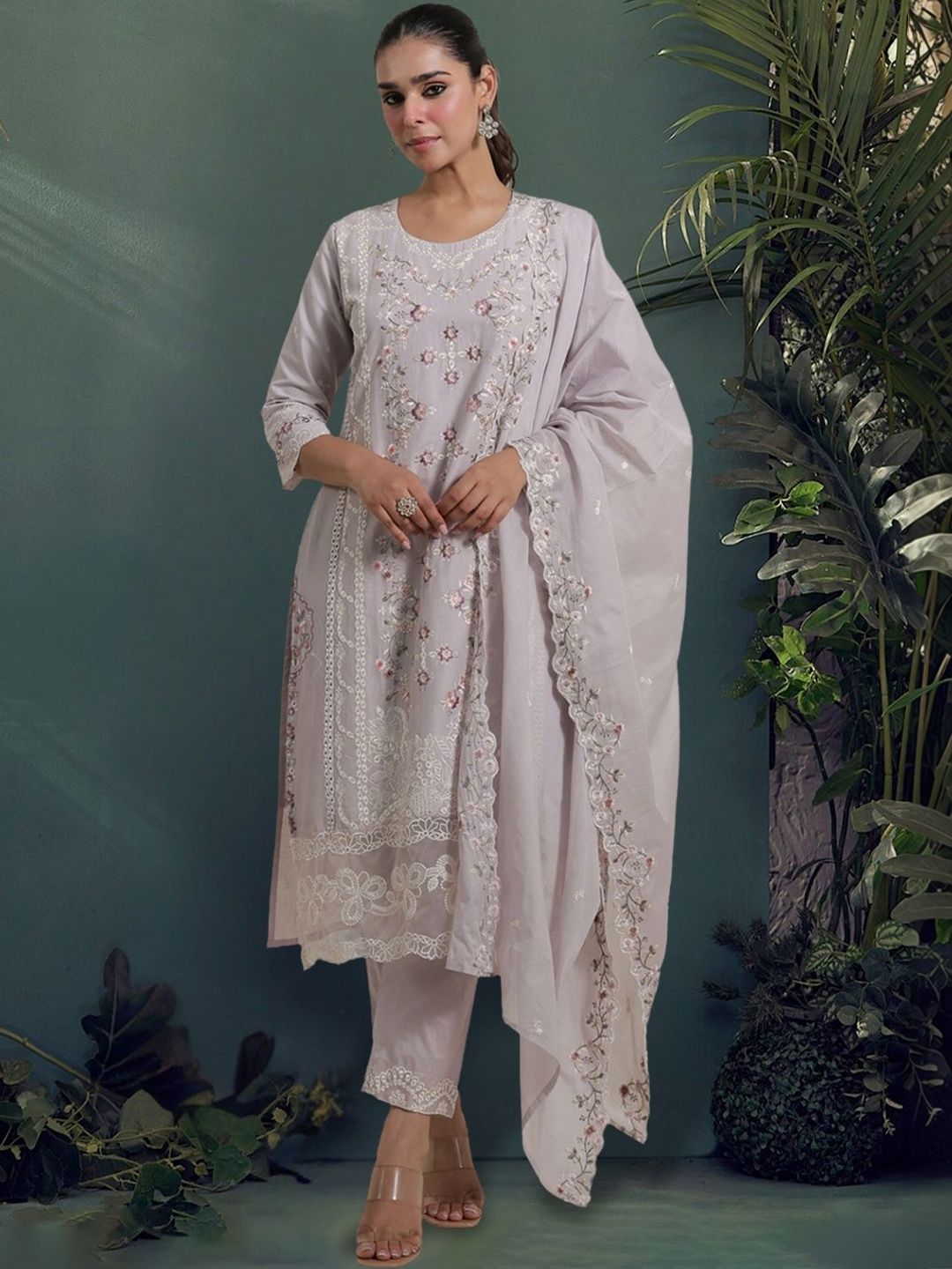 Dhiyona IE Women Floral Embroidered Regular Thread Work Pure Cotton Kurta with Trousers & With Dupatta