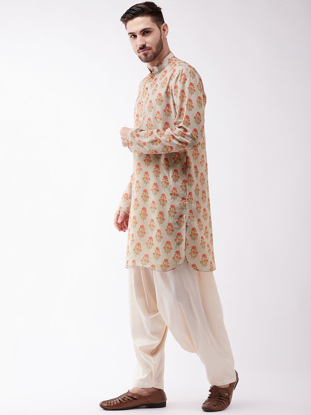 Men's MulticolorBaseBeige Muslin Pathani Kurta and Patiala Set