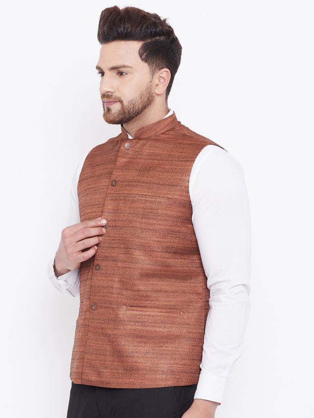 Men's Coffee Silk Blend Straight Nehru Jacket