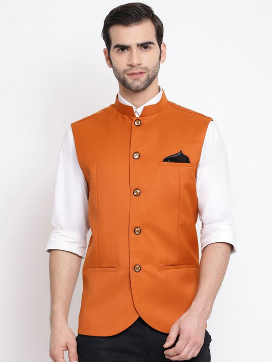 Men's Orange Cotton Silk Straight Nehru Jacket
