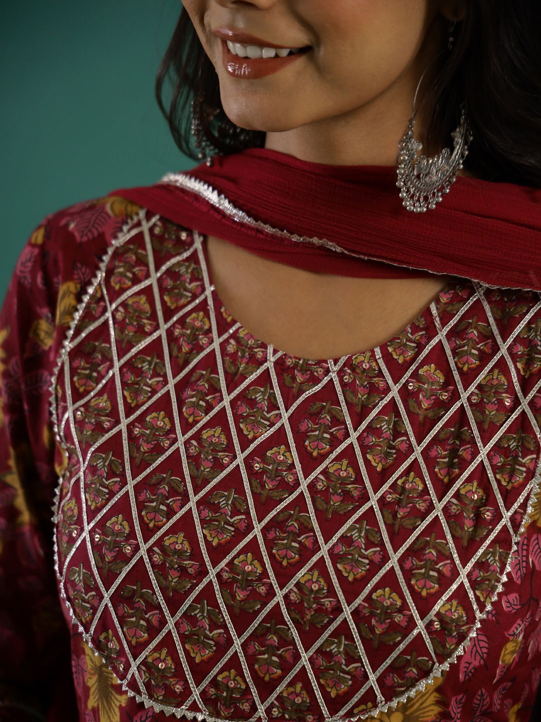 Dhiyona SN Women's Floral Printed Gotta Patti Pure Cotton Anarkali Kurta & Trousers With Dupatta