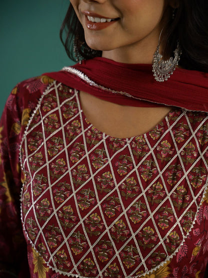 Dhiyona SN Women's Floral Printed Gotta Patti Pure Cotton Anarkali Kurta & Trousers With Dupatta