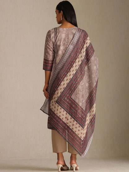 Dhiyona SO Women's Floral Printed Notch Neck Beads and Stones Linen Kurta With Trousers & Dupatta