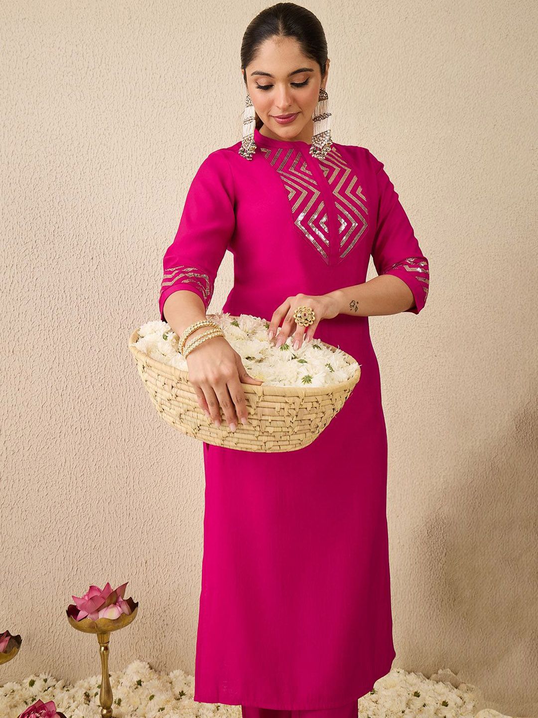 Embroidered Mirror Work Straight Kurta With Trousers