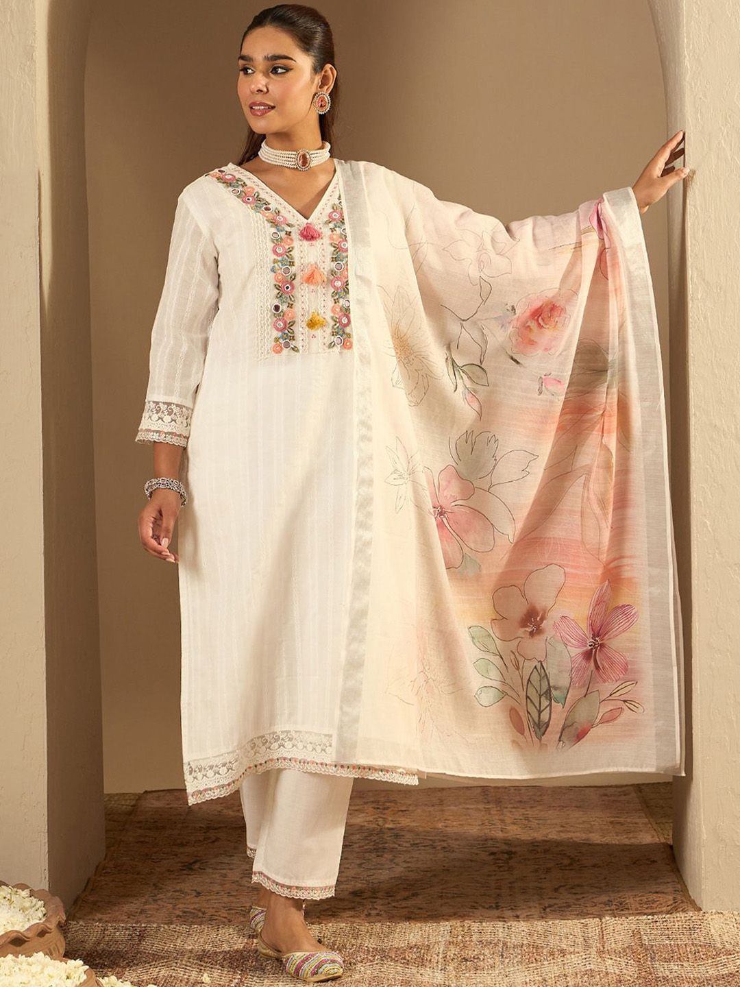 Dhiyona IE Floral Embroidered Pure Cotton Straight Kurta With Trousers & Dupatta