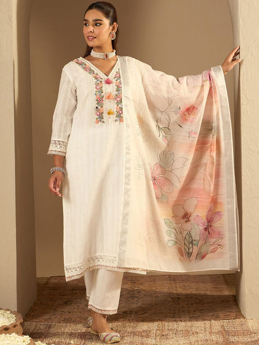 Dhiyona IE Floral Embroidered Pure Cotton Straight Kurta With Trousers & Dupatta