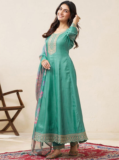 Dhiyona CH Women Floral Embroidered Pleated Zari Work Kurta with Trousers