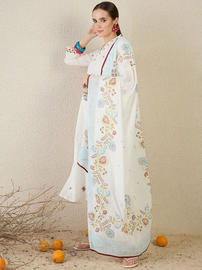 Women Floral Embroidered Pure Cotton Kurta with Trousers & Dupatta
