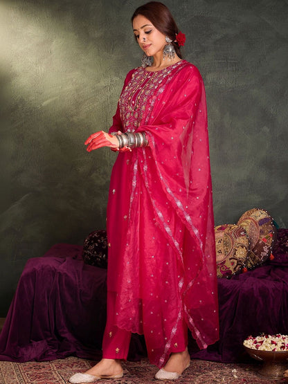 Women Ethnic Motifs Embroidered Regular Thread Work Kurta with Trousers & With Dupatta