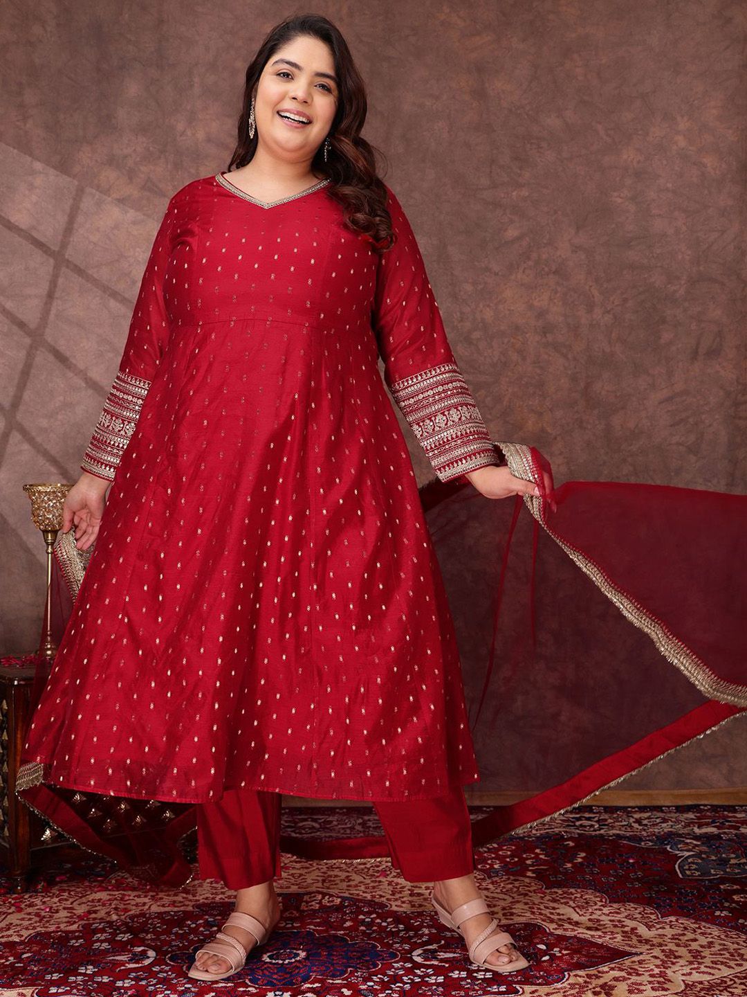 Dhiyona IN Woven Design V Neck A Line Chanderi Silk Kurta With Trousers & Dupatta