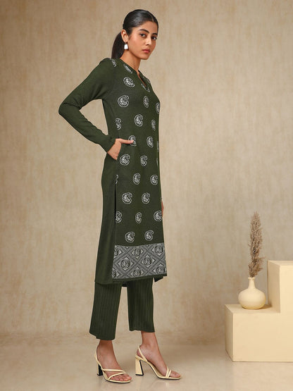Dhiyona SO Women's Olive Green Paisley Woven Design Mandarin Collar Acrylic Straight Kurta With Trouser