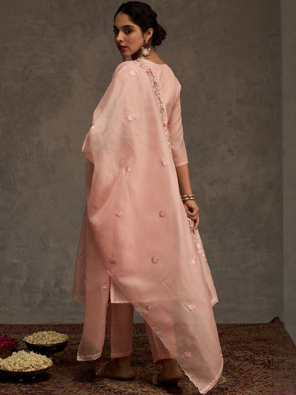 Floral Embroidered Round Neck Thread Work Straight Kurta & Trousers With Dupatta