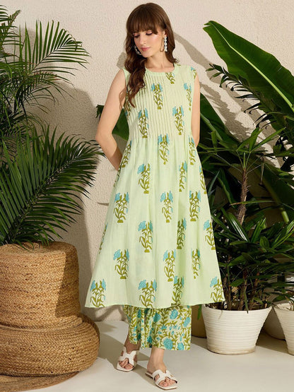 Dhiyona IE Printed Round Neck A-Line Pure Cotton Kurta With Pants