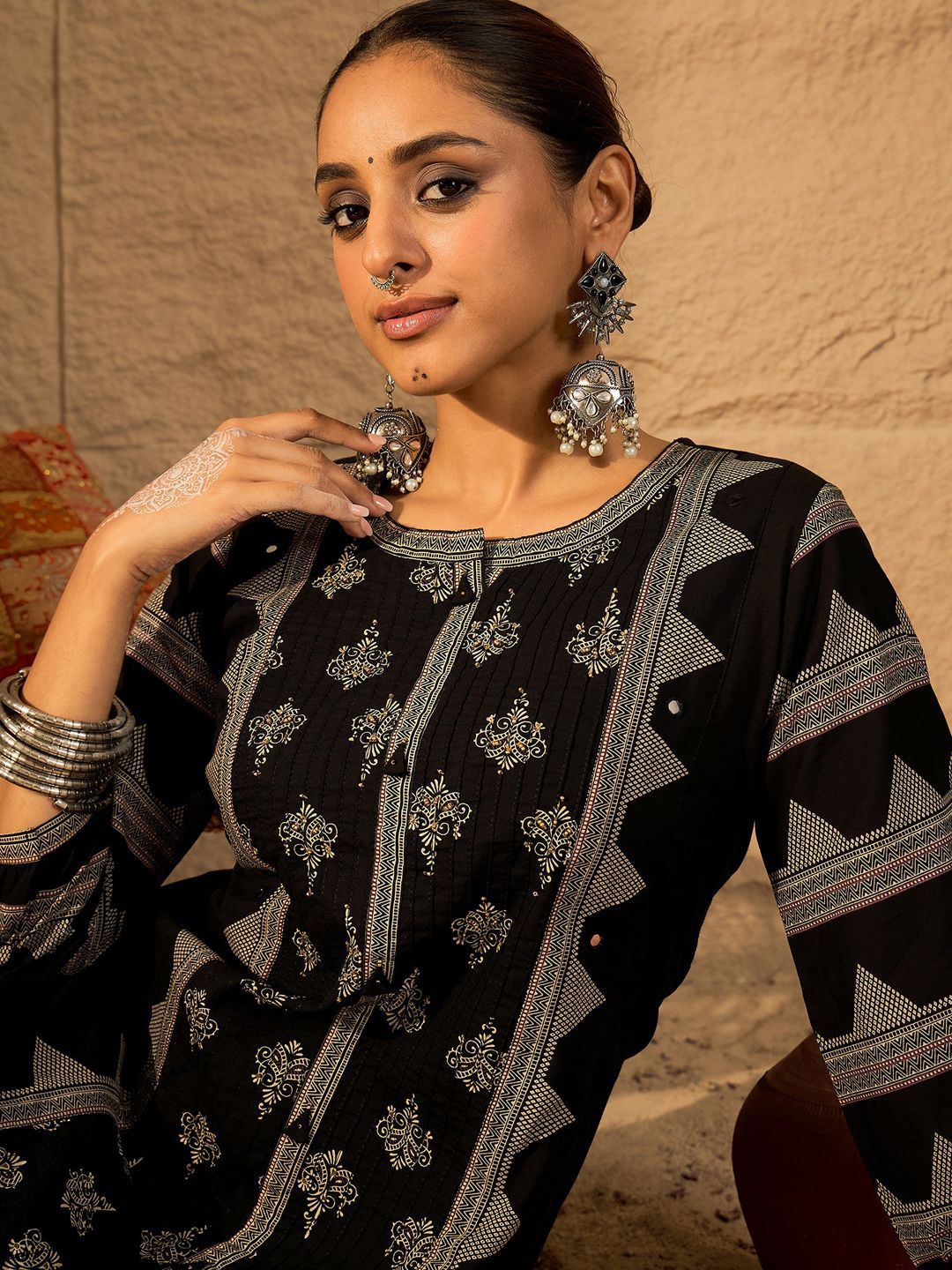 Dhiyona IE Ethnic Motifs Printed Pure Cotton Straight Kurta With Trousers