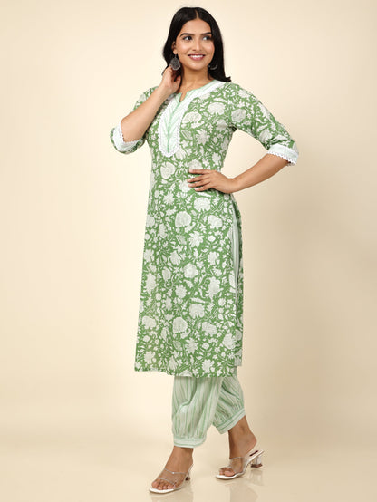Women's Cotton Green Straight Kurta Set