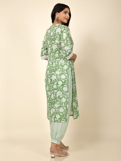 Women's Cotton Green Straight Kurta Set