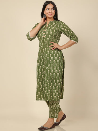 Women's Cotton Green Straight Kurta Set