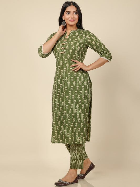 Women's Cotton Green Straight Kurta Set