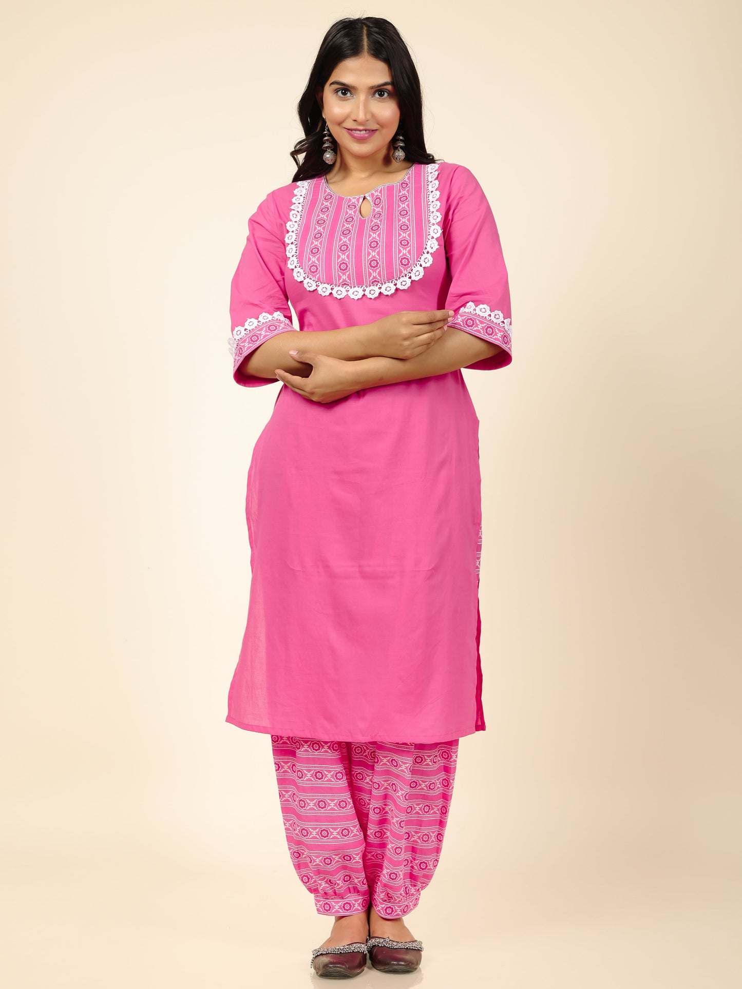 Women's Cotton Pink Straight Kurta Set