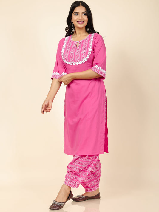 Women's Cotton Pink Straight Kurta Set