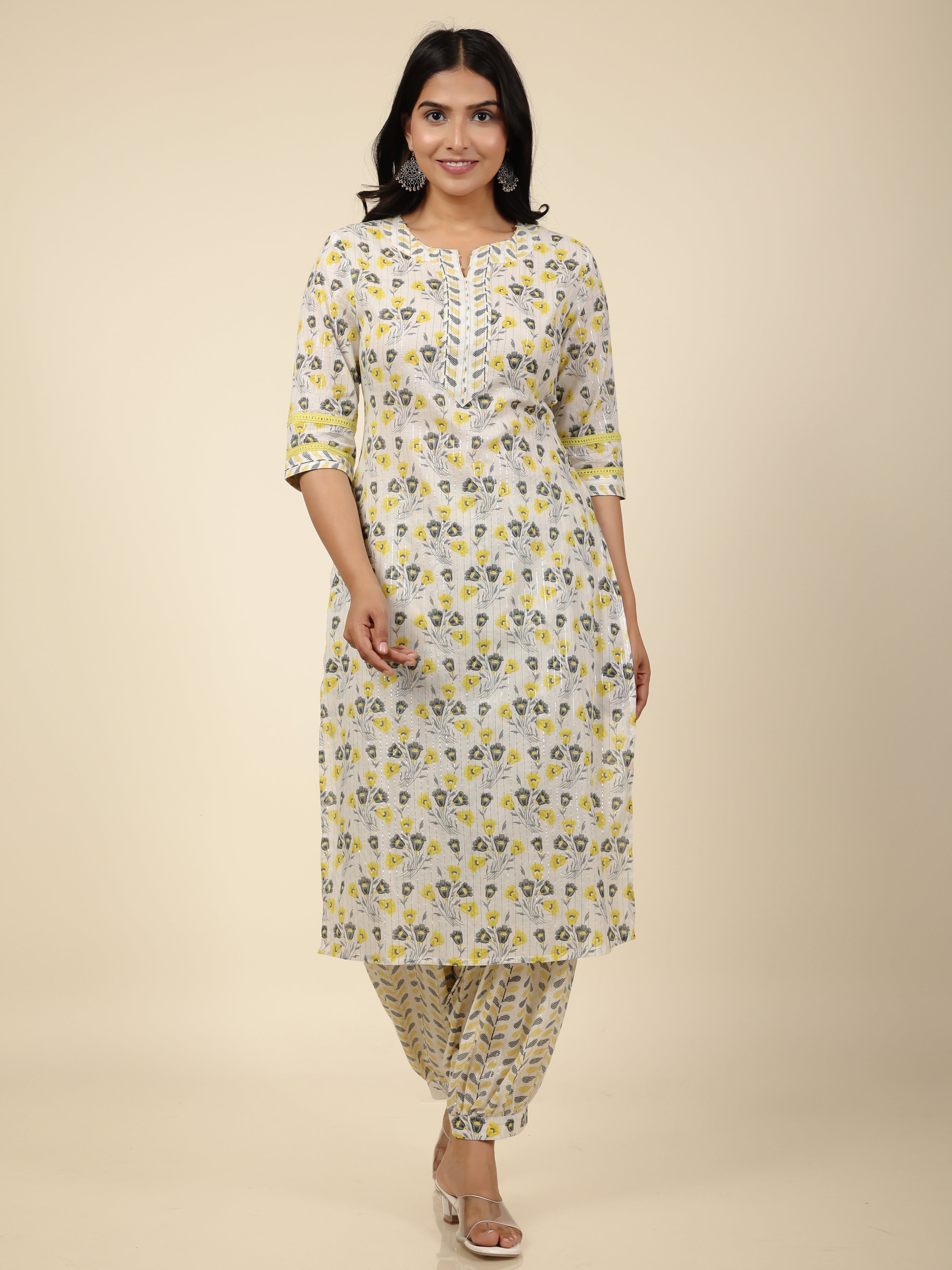 Women's Cotton Off White Straight Kurta Set