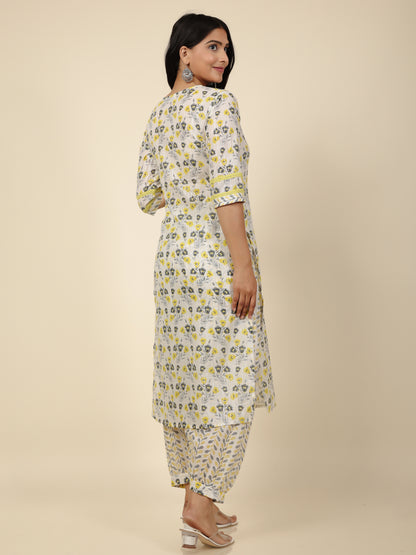 Women's Cotton Off White Straight Kurta Set