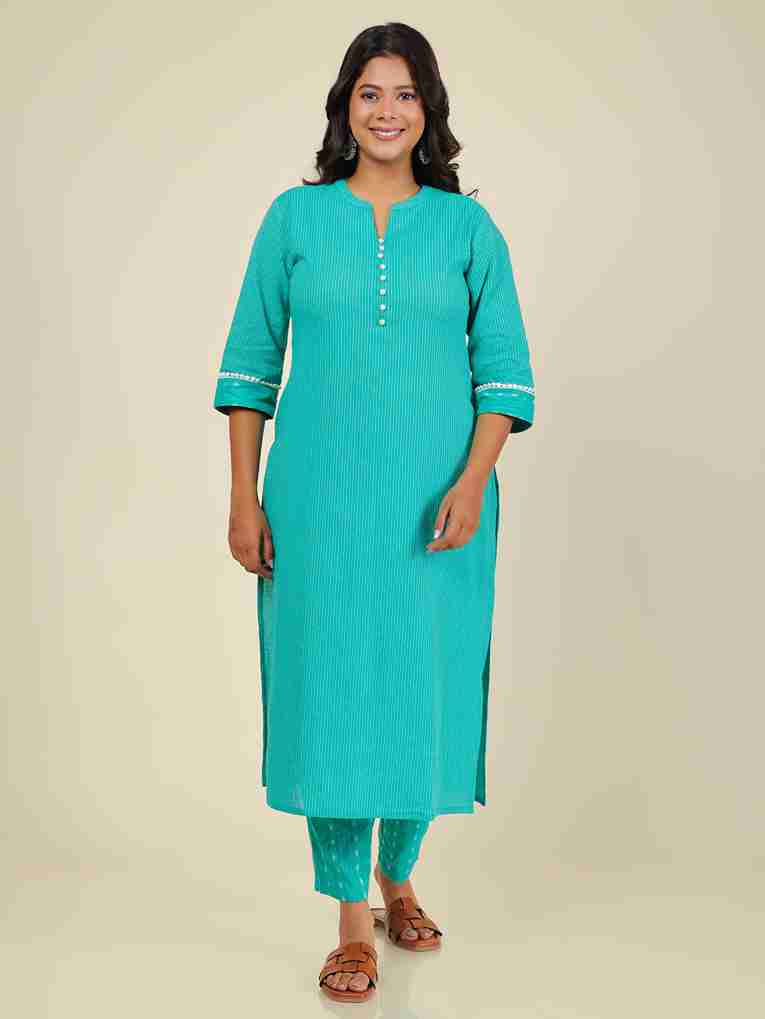 Women's Cotton Turquoise Straight Kurta Set