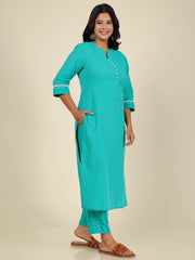 Women's Cotton Turquoise Straight Kurta Set