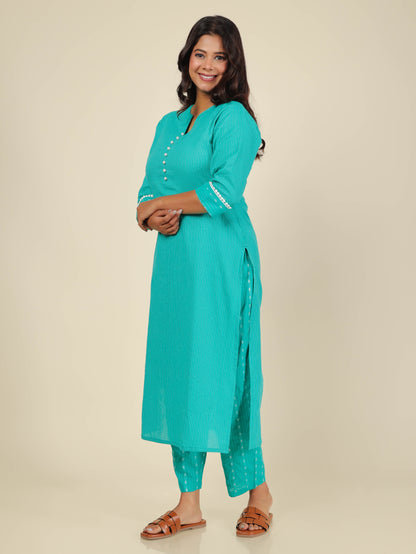 Women's Cotton Turquoise Straight Kurta Set