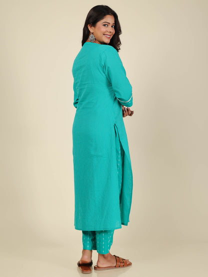 Women's Cotton Turquoise Straight Kurta Set