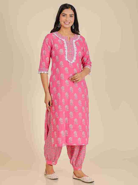 Women's Cotton Pink Straight Kurta Set