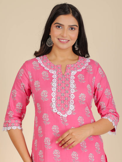 Women's Cotton Pink Straight Kurta Set