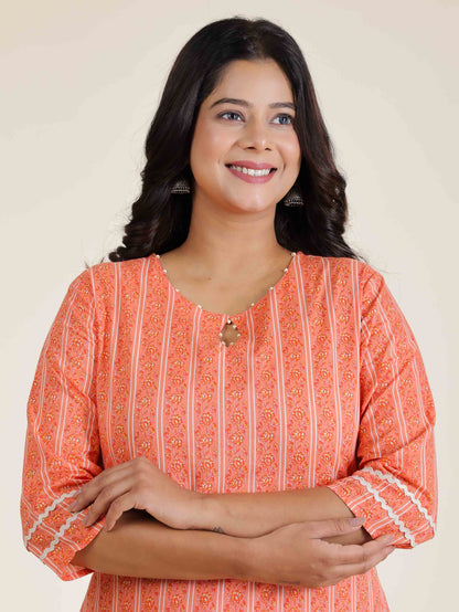Women's Cotton Orange Straight Kurta Set