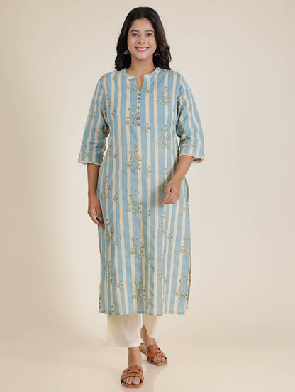 Women's Linen Blue Straight Kurta Set