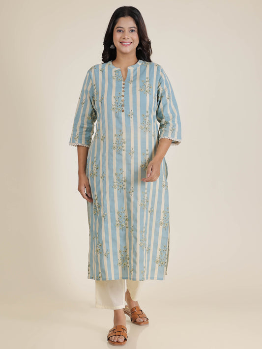 Women's Linen Blue Straight Kurta Set
