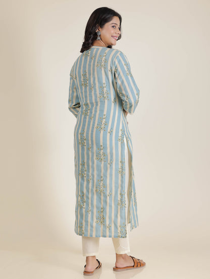 Women's Linen Blue Straight Kurta