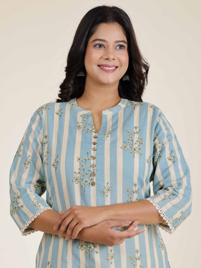 Women's Linen Blue Straight Kurta Set