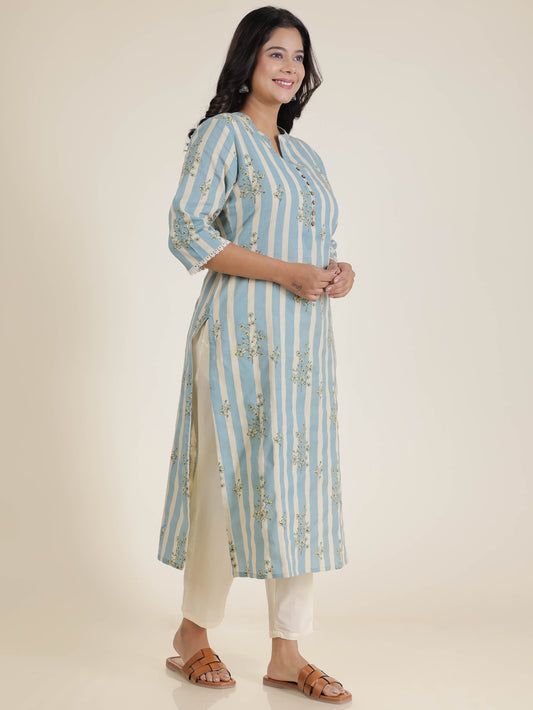 Women's Linen Blue Straight Kurta