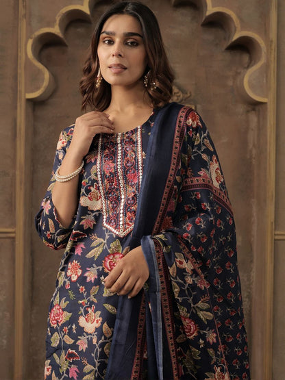 Floral Printed Round Neck Straight Kurta With Trousers & Dupatta