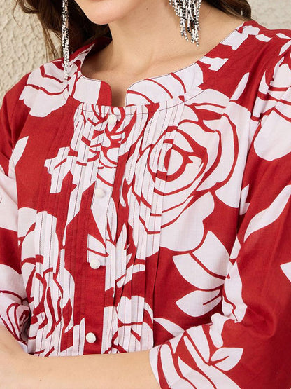 Dhiyona IE Floral Printed Pure Cotton Round Neck Tunic With Trousers Co-Ords